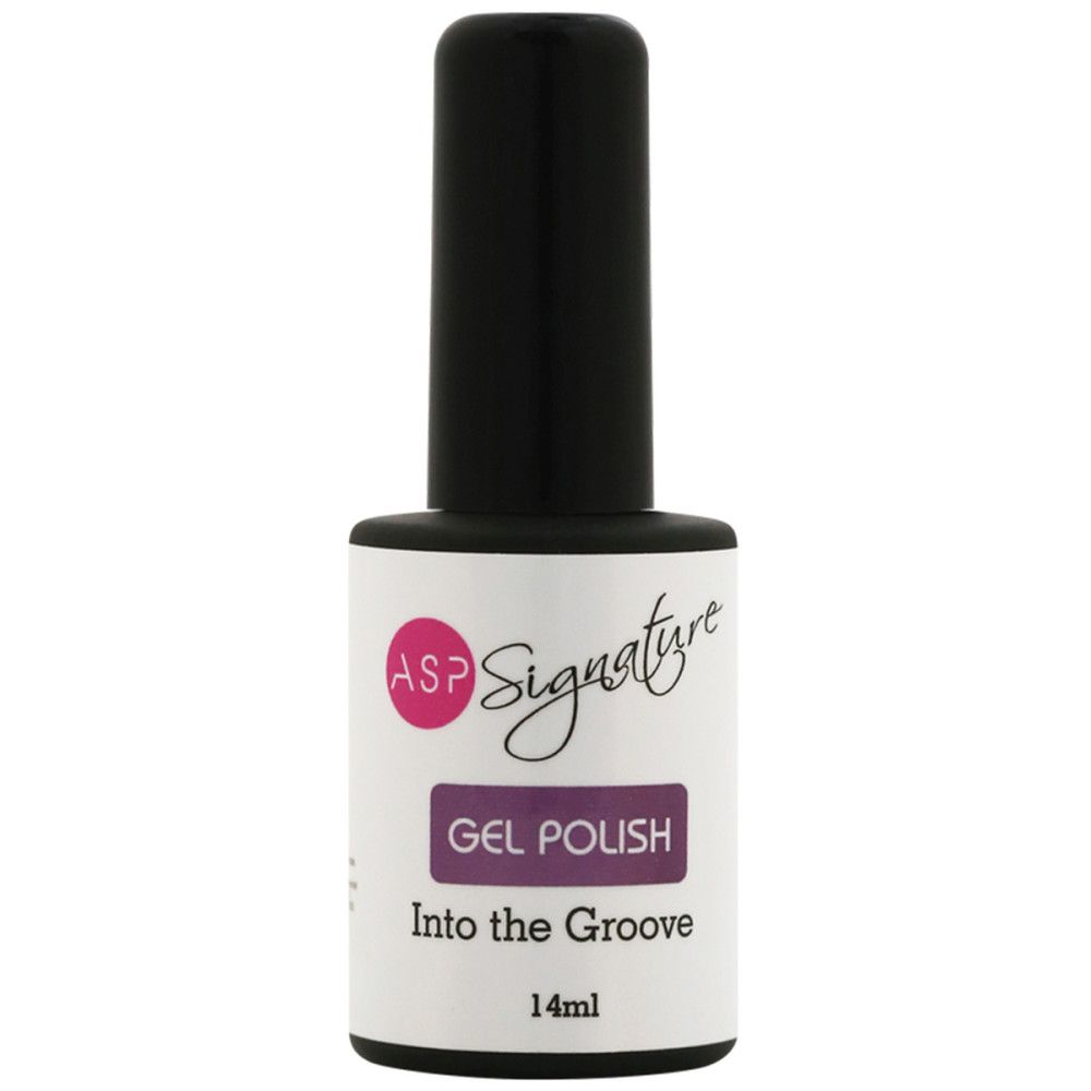 Nagellackflasche mit schwarzem Deckel. Etikett mit ASP Signature, Gel Polish, Into the Groove, 14ml.