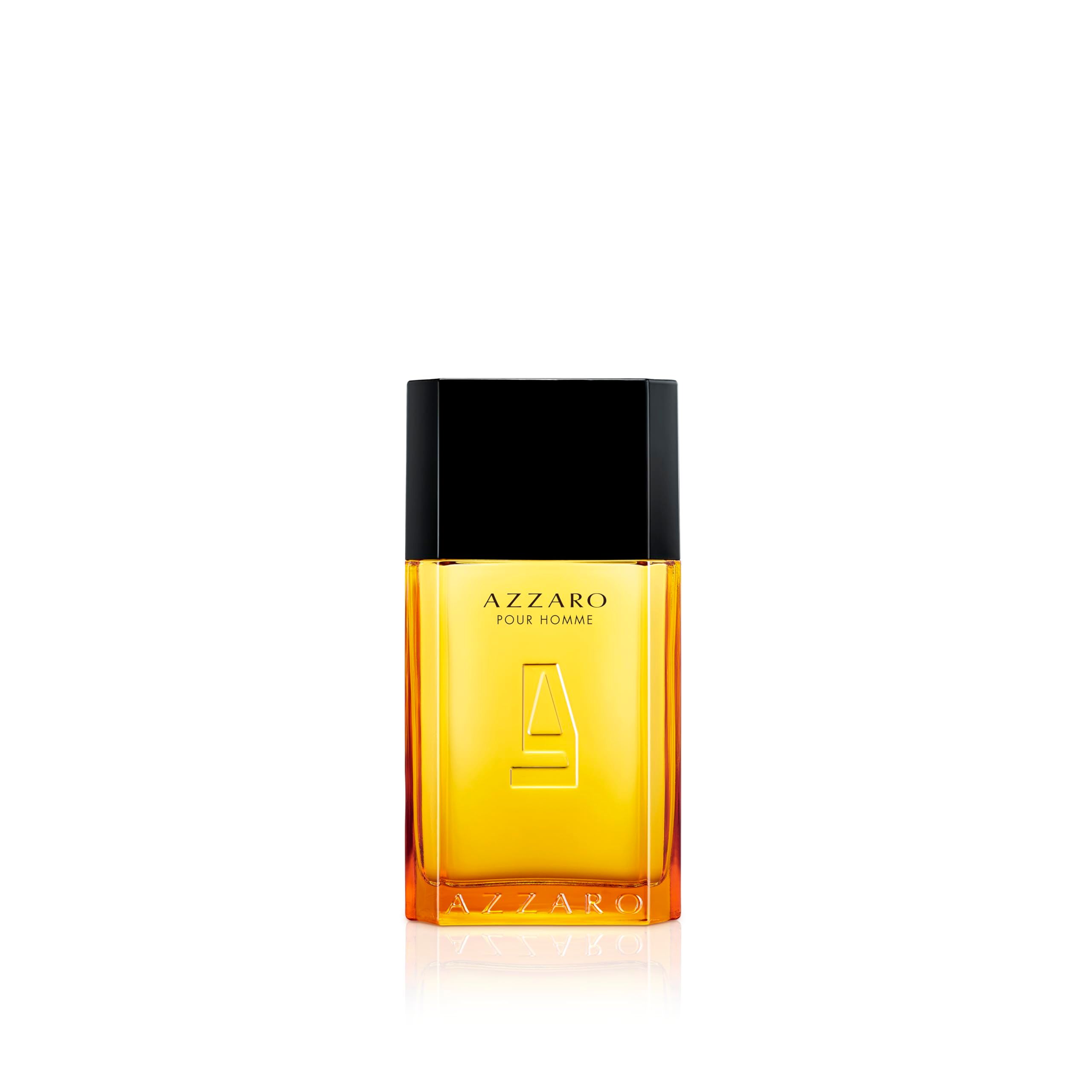 AZZARO POUR HOMME Flakon. Rechteckiger Flakon mit schwarzem Deckel. Logo und Schriftzug AZZARO POUR HOMME.