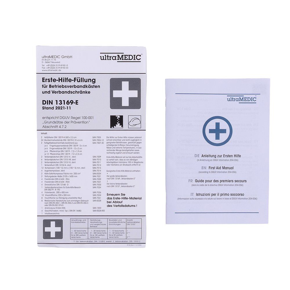 Zwei Anleitungen mit dem Logo von ultraMEDIC. Erste-Hilfe-Füllung DIN 13169-E. Text in Deutsch und Englisch.