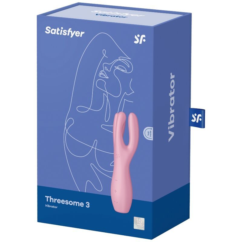 Produktverpackung, blau. Aufschrift "Satisfyer" und "Vibrator". Abbildung des Produkts. "Threesome 3".