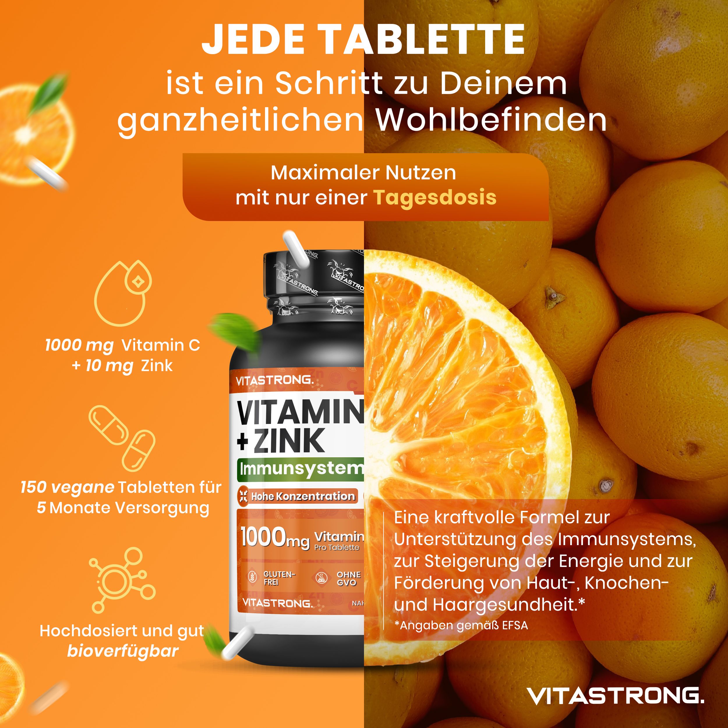 Vitastrong Vitamin C + Zink Flasche, Orangen. Text über die Vorteile für die Gesundheit.