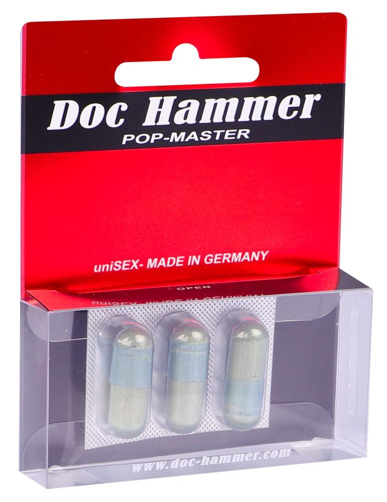 Verpackung mit drei Kapseln. Aufschrift "Doc Hammer POP-MASTER". Transparentes Kunststoffgehäuse. uniSEX - MADE IN GERMANY. www.doc-hammer.com.