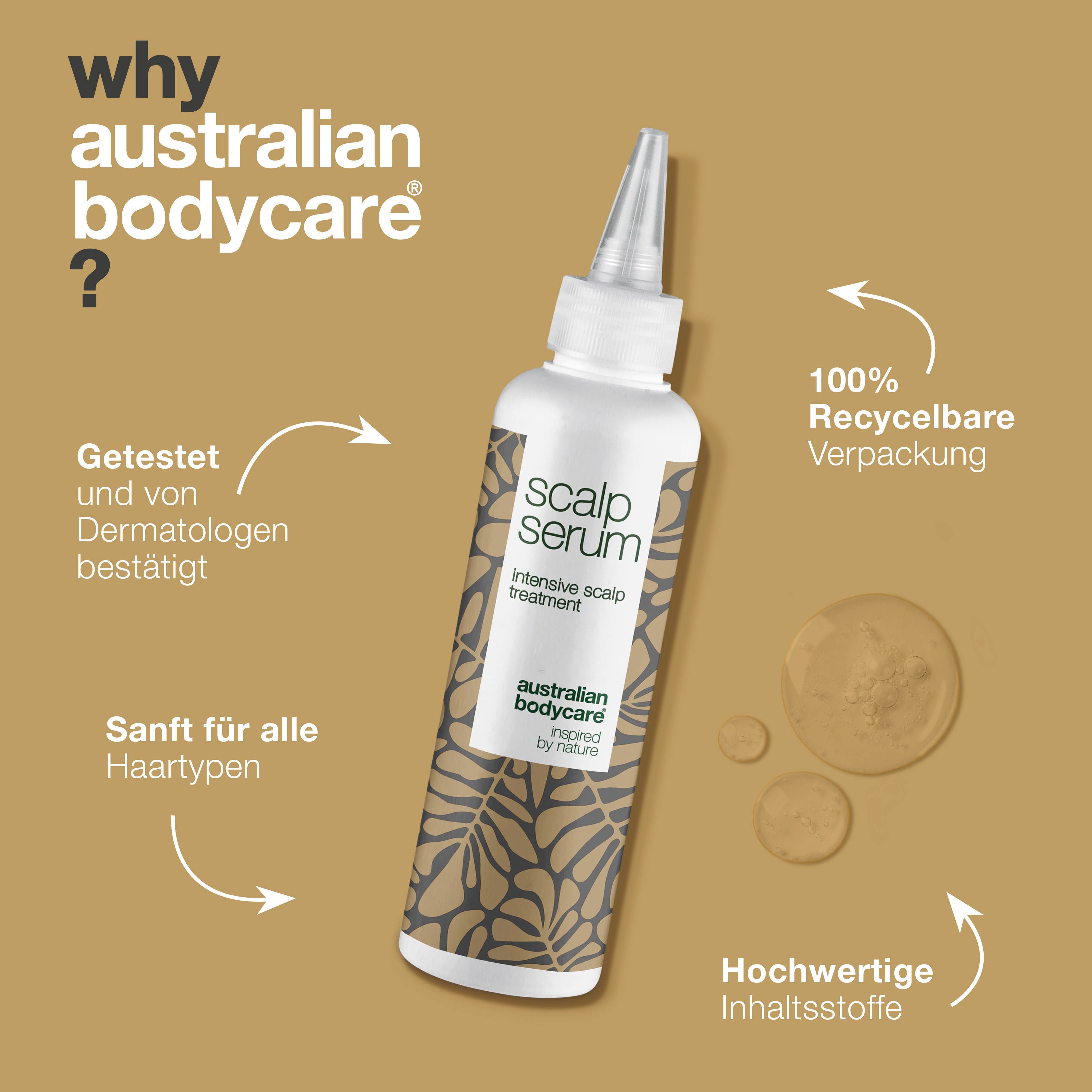 Warum Australian Bodycare? Getestet, sanft, hochwertige Inhaltsstoffe. Serumflasche: Scalp Serum, Australian Bodycare.