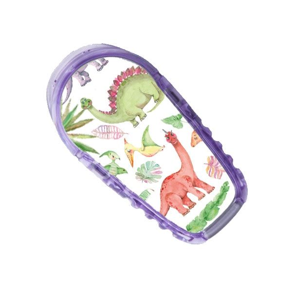 Ein Aufkleber mit Dinosaurier-Motiven in einem lila Rahmen. Verschiedene Dinosaurier-Illustrationen mit Pflanzen.