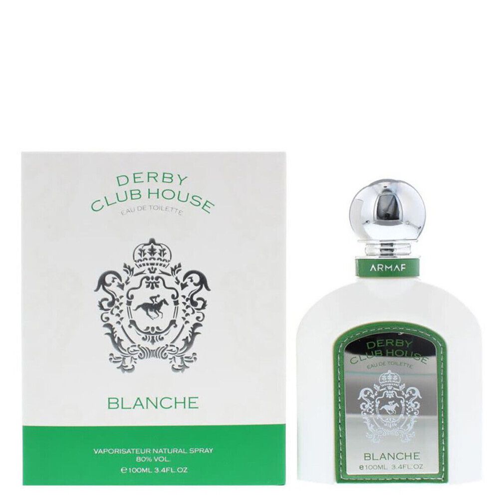 Weiße Flasche und Verpackung. Flasche mit silbernem Deckel, grünem Etikett. Verpackung: DERBY CLUB HOUSE, BLANCHE.