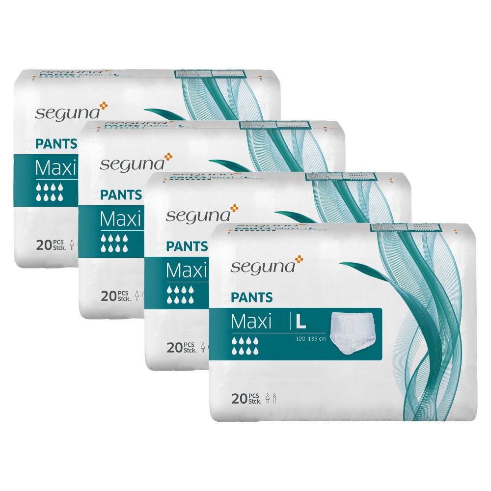 Vier Packungen SEGUNA Pants Maxi. Aufdrucke: Marke, Produktbezeichnung, Saugstärke-Indikator, Packungsinhalt 20 Stück, Größe L.