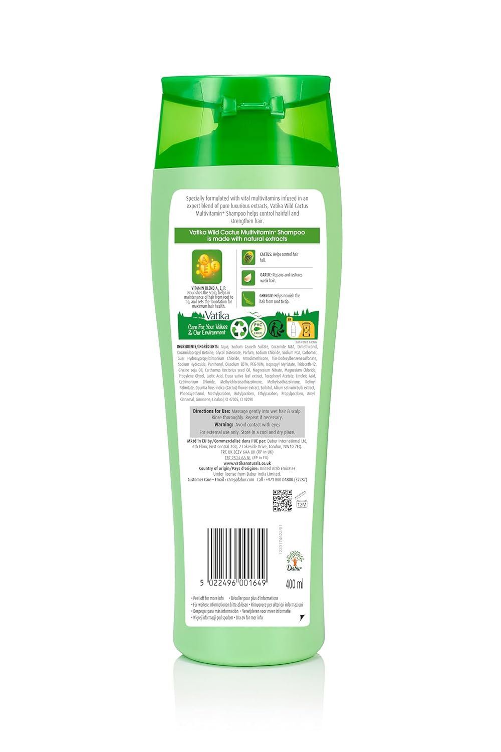 Rückseite einer grünen Shampoo-Flasche mit Text und Barcode. Enthält Informationen über Inhaltsstoffe und Umweltzeichen.