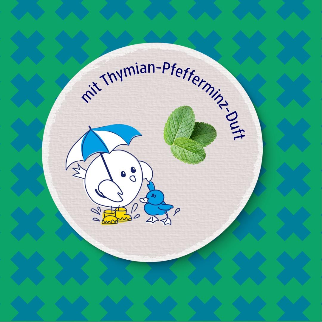 Ronde sticker met vogelmotief en tekst: met tijm-pepermuntgeur. Groene achtergrond met kruispatroon.