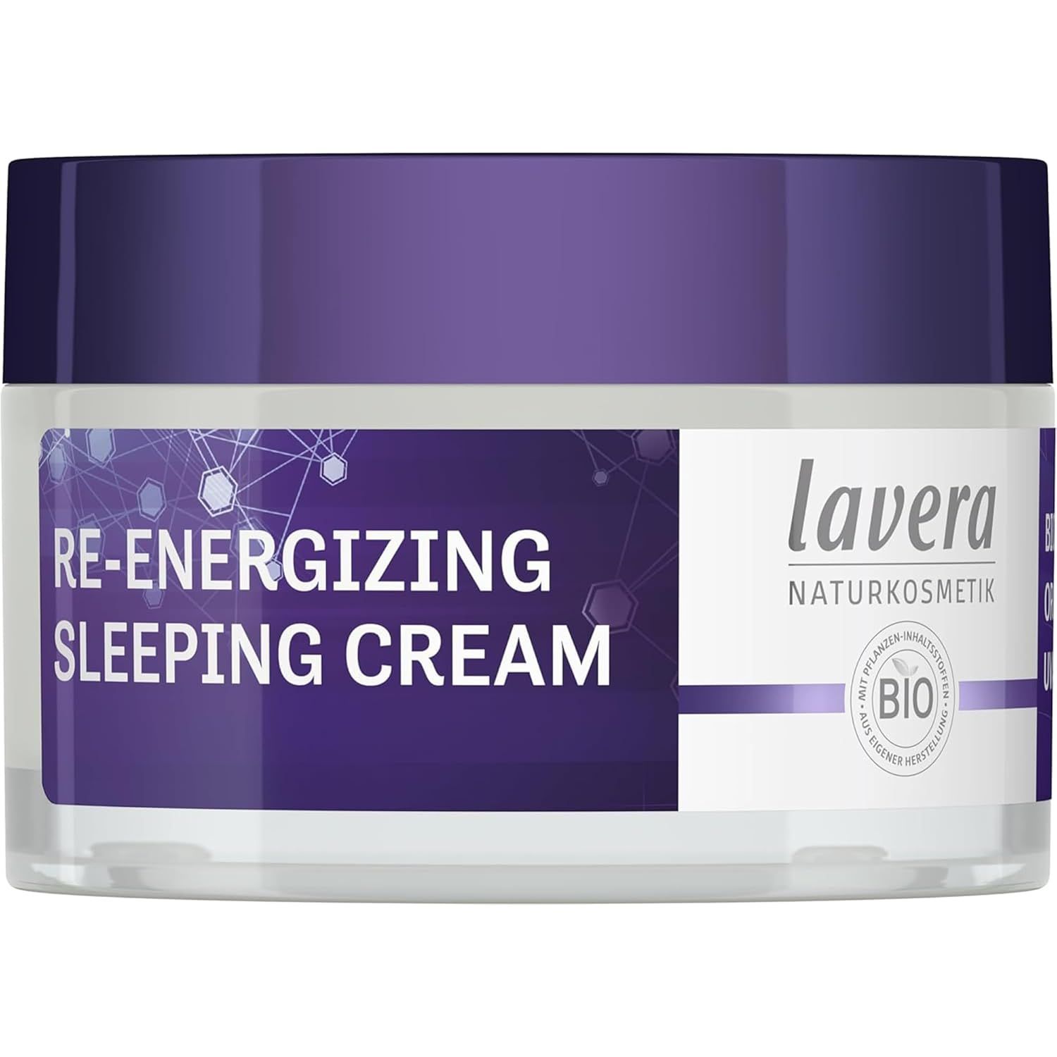 Glasbehälter mit lila Deckel. Aufschrift: Re-Energizing Sleeping Cream. Marke: lavera. Bio-Zertifizierung.