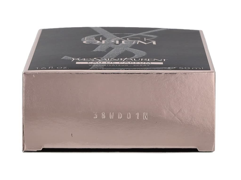 Oberseite der Verpackung mit Black Opium. YSL Logo. 1.6 fl. oz. 50ml. Code 38WD01N.