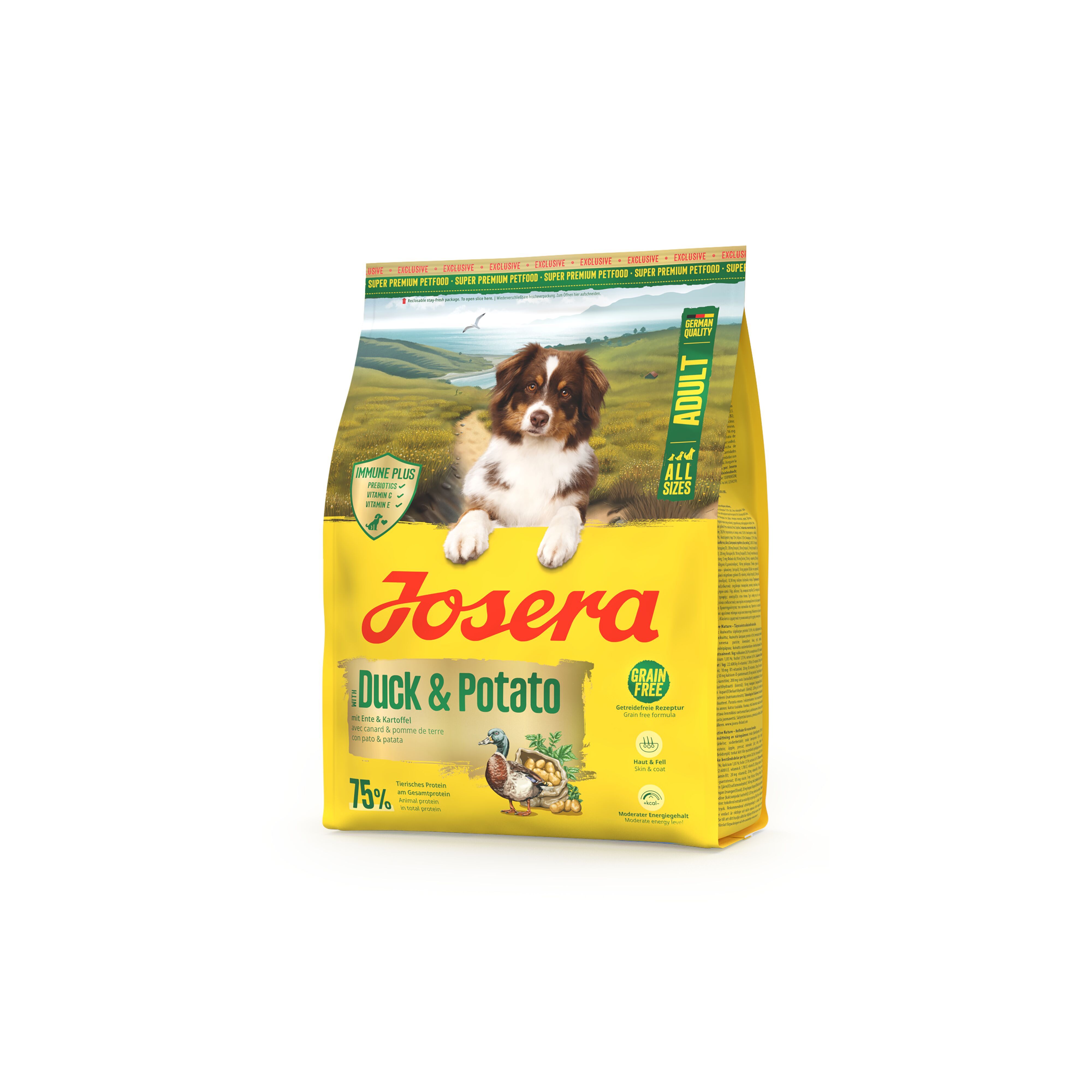 Gelbe Verpackung mit Produktnamen JOSERA Adult Duck & Potato. Abbildung eines Hundes. Text: Grain Free, 75%.