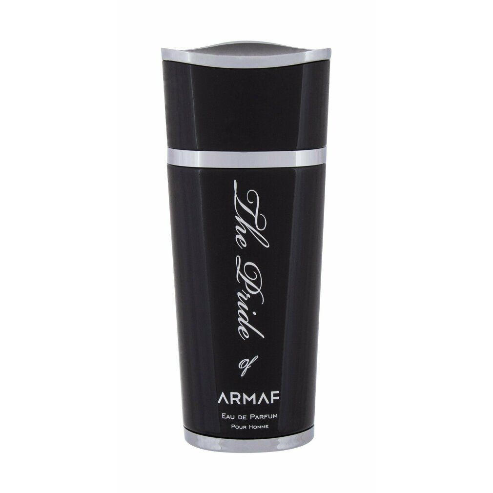 Schwarzer Flakon mit silbernen Akzenten. Silberne Schrift: The Pride, Armaf. Eau de Parfum Pour Homme. Zylindrische Form.