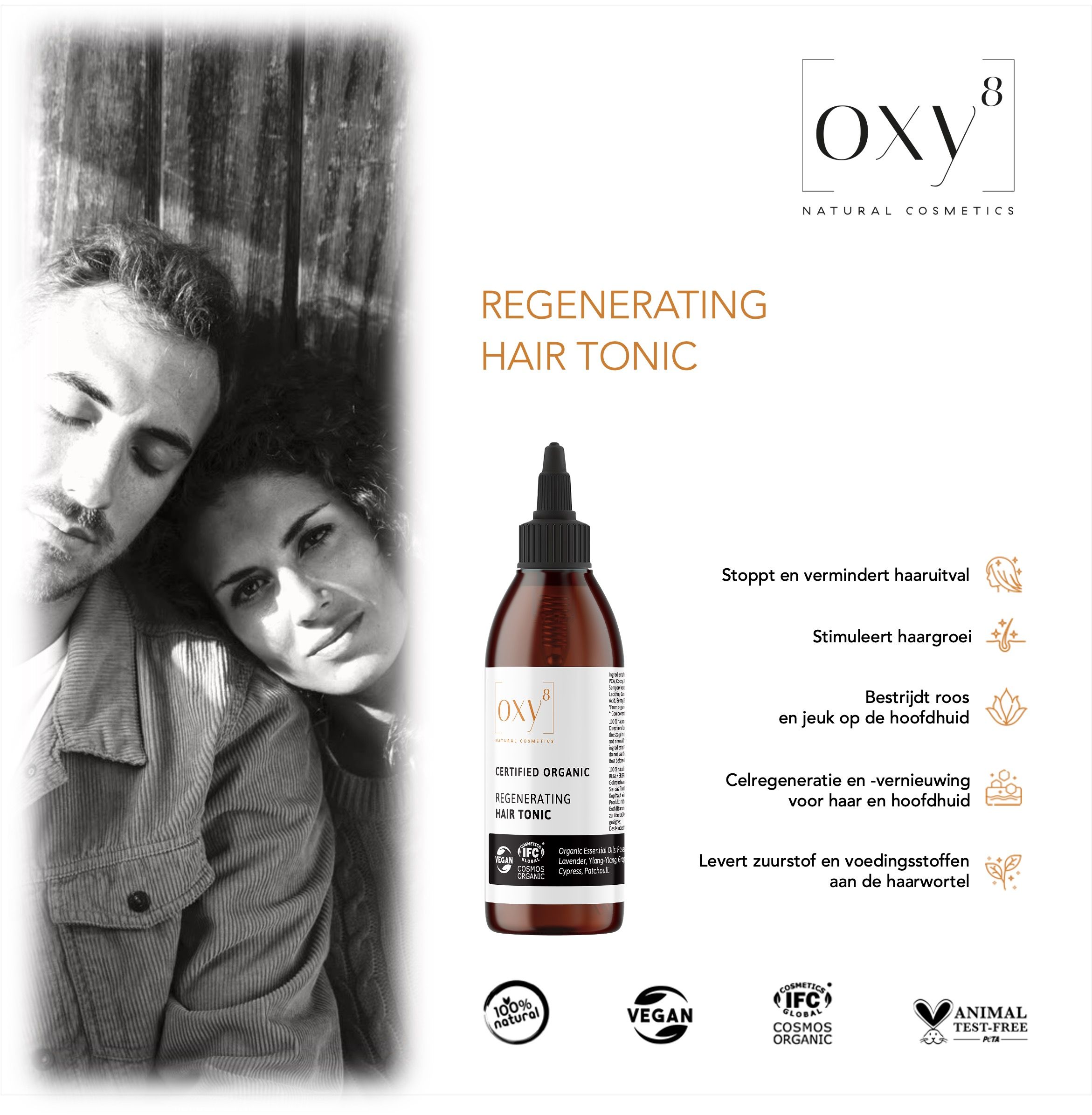 Productfles naast paar. Tekst: Regenerating Hair Tonic. Voordelen. Vegan, IFC Cosmos Organic. Made in Germany.