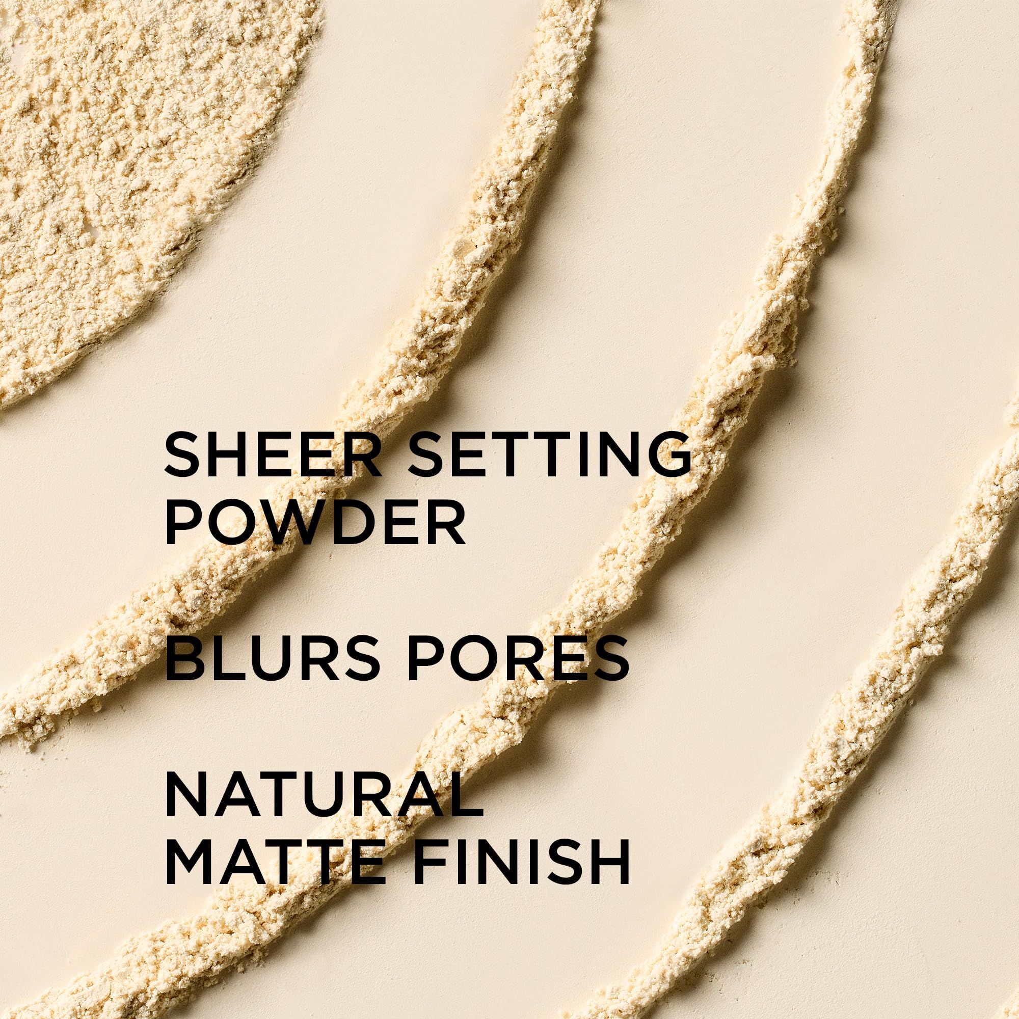 Text: Sheer Setting Powder, Blurs Pores, Natural Matte Finish. Puderstreifen.
