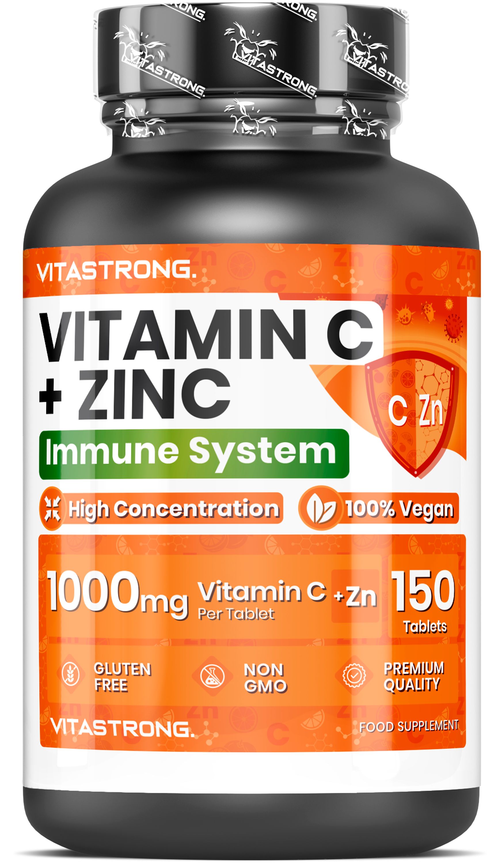 Vitastrong Vitamin C + Zink Flasche mit 150 Tabletten, hohe Konzentration.