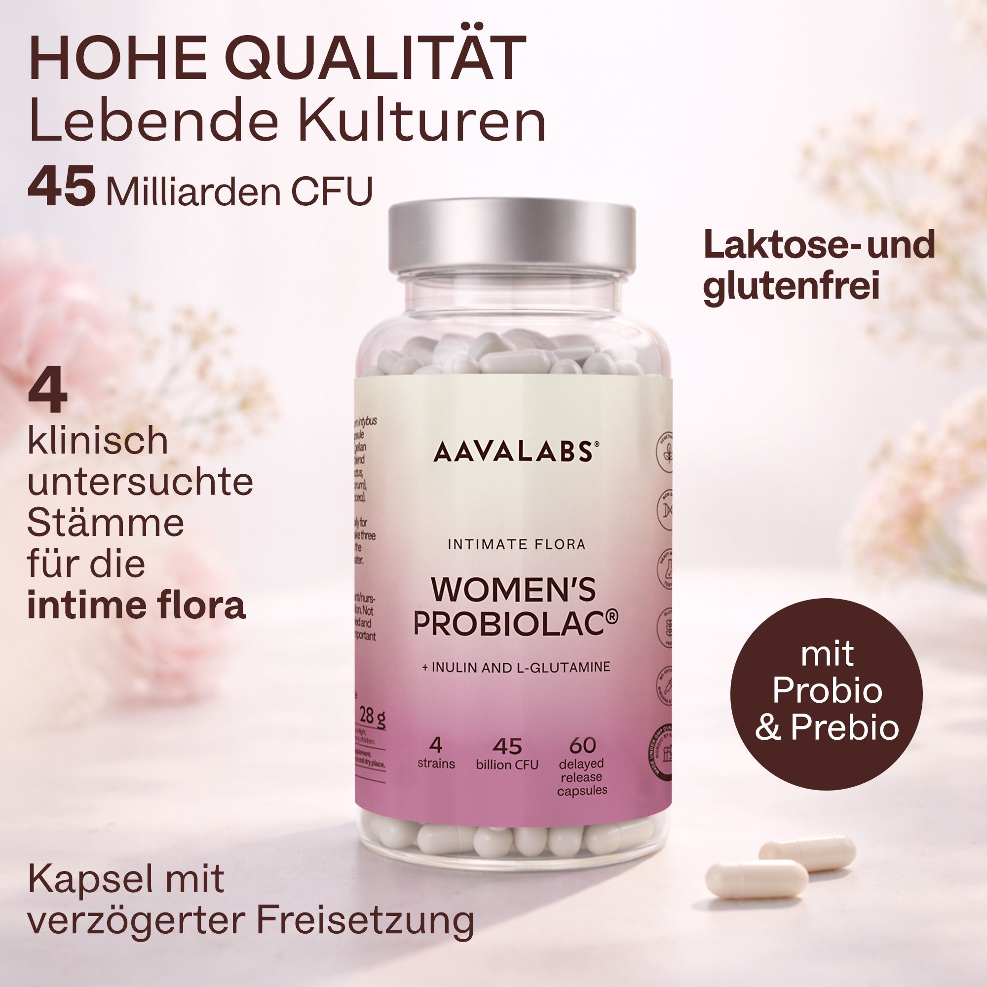 Flasche mit Kapseln. Text: AAVALABS, Women's Probiolac. 45 Milliarden KBE, laktose- und glutenfrei.