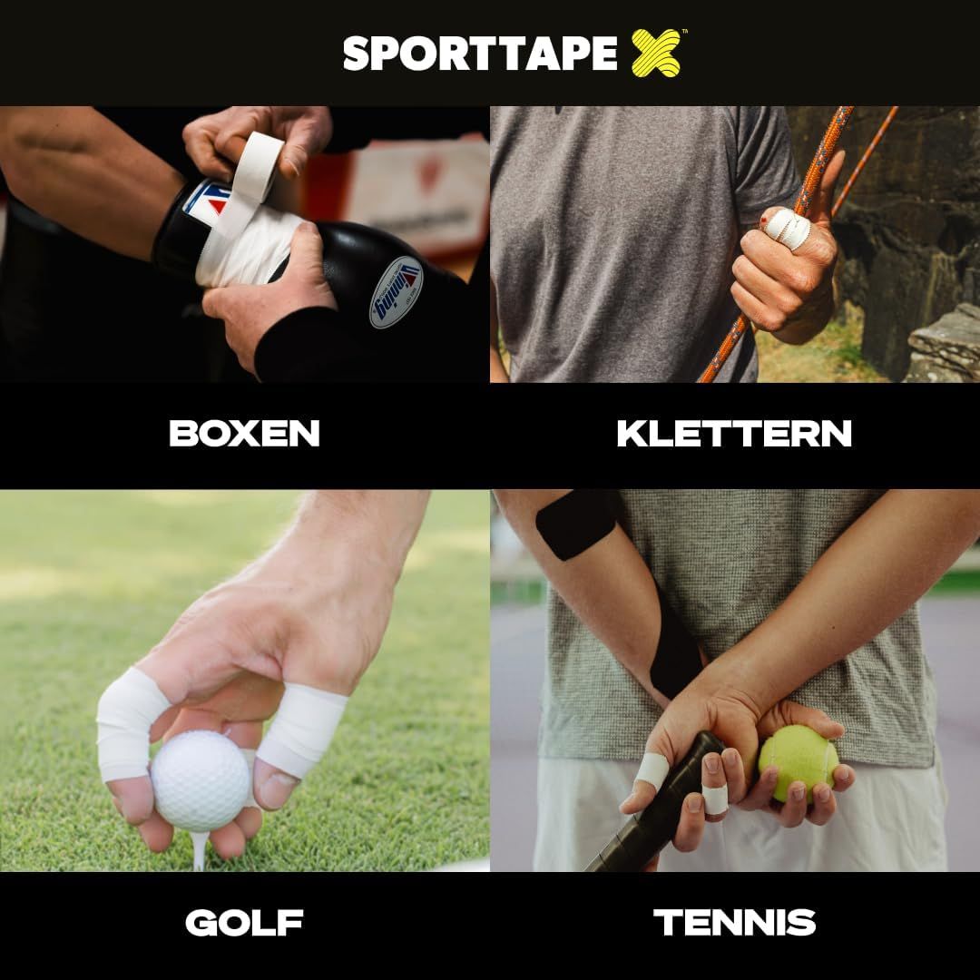 Vier Sportarten mit weißem Tape: Boxen, Klettern, Golf, Tennis.