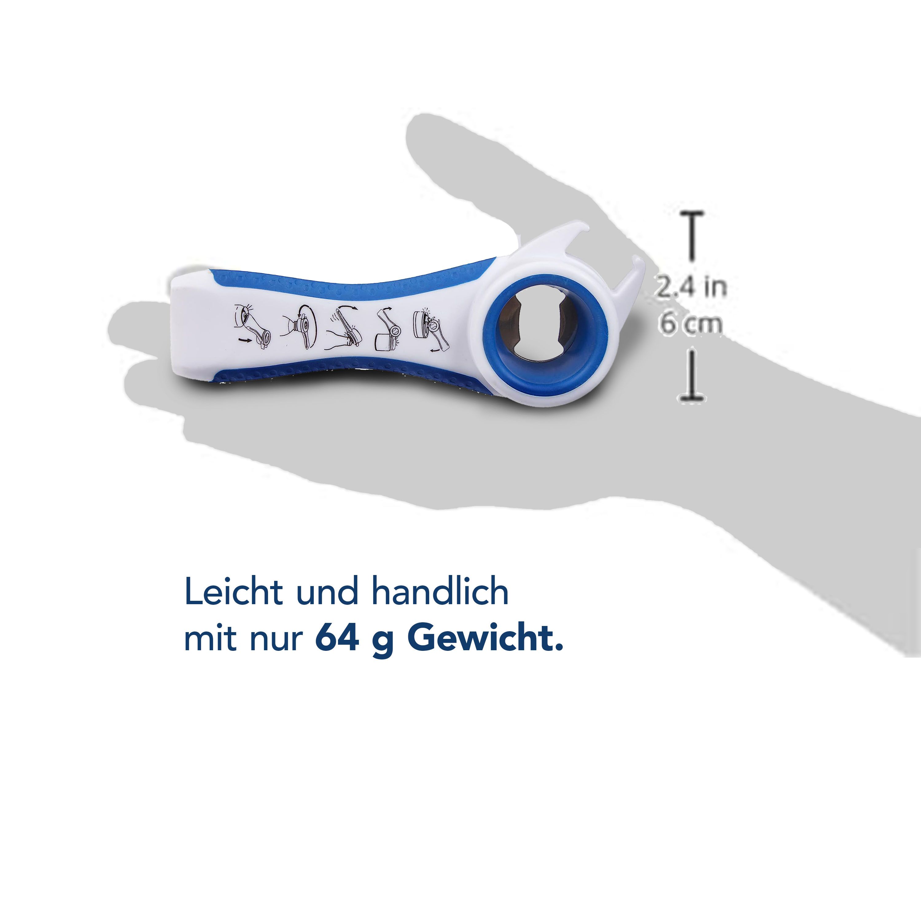 Weiß-blauer 5-in-1-Multi-Öffner in einer Hand gehalten. Abmessungen: 6 cm hoch, 2,4 Zoll. Text: Leicht und handlich mit nur 64 g Gewicht.