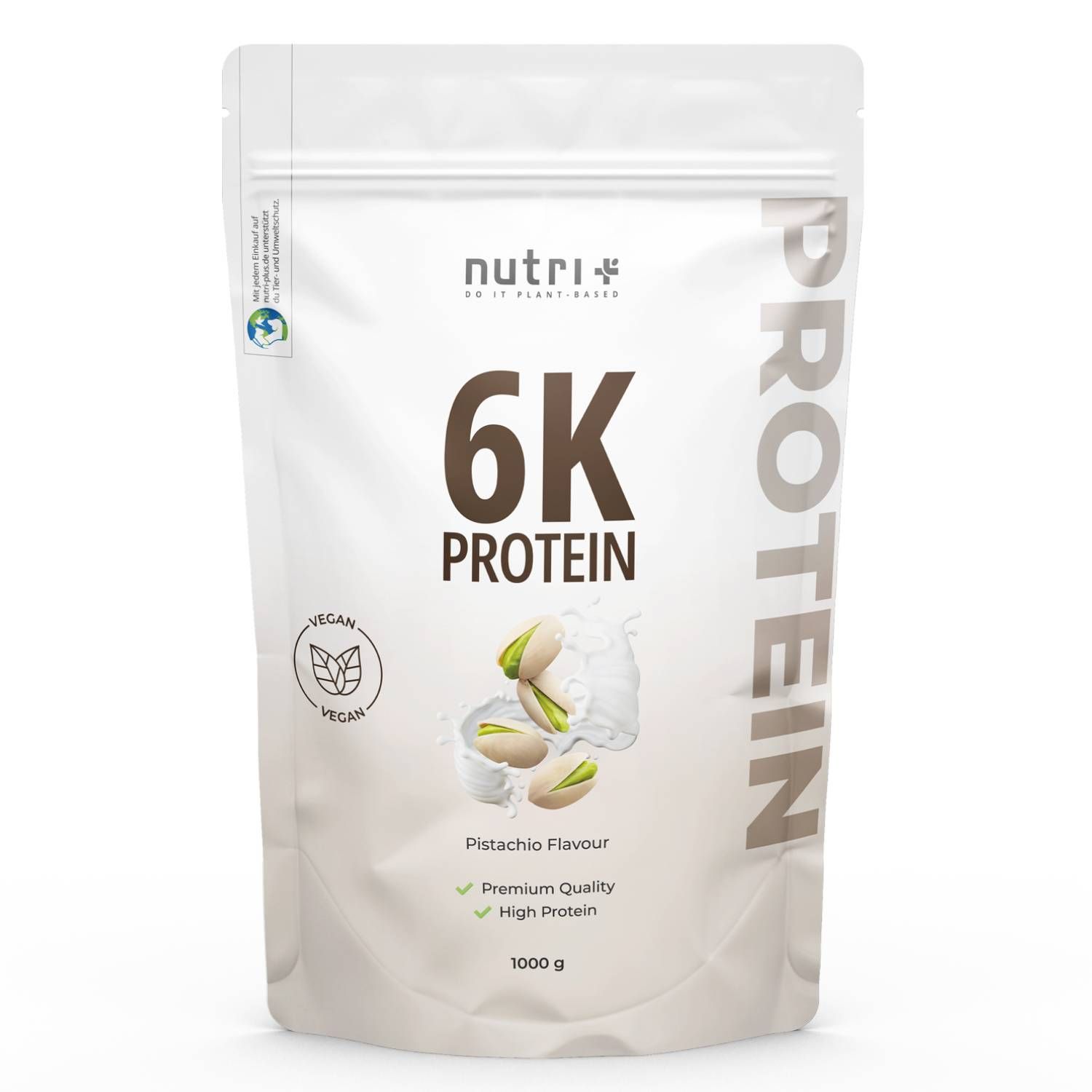 Beutel mit nutri+ 6K Protein, Pistaziengeschmack. Vegan-Siegel. Aufschrift: 6K PROTEIN, Premium Quality, High Protein, 1000 g.