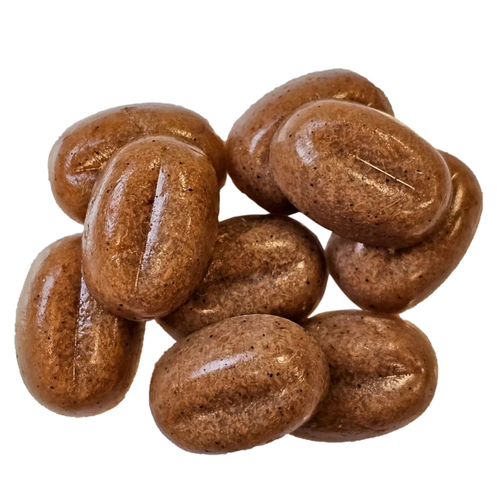 Acht braune, ovale Tropfen. Sie haben eine leicht körnige Oberfläche. Die Tropfen sind auf weißem Hintergrund angeordnet.