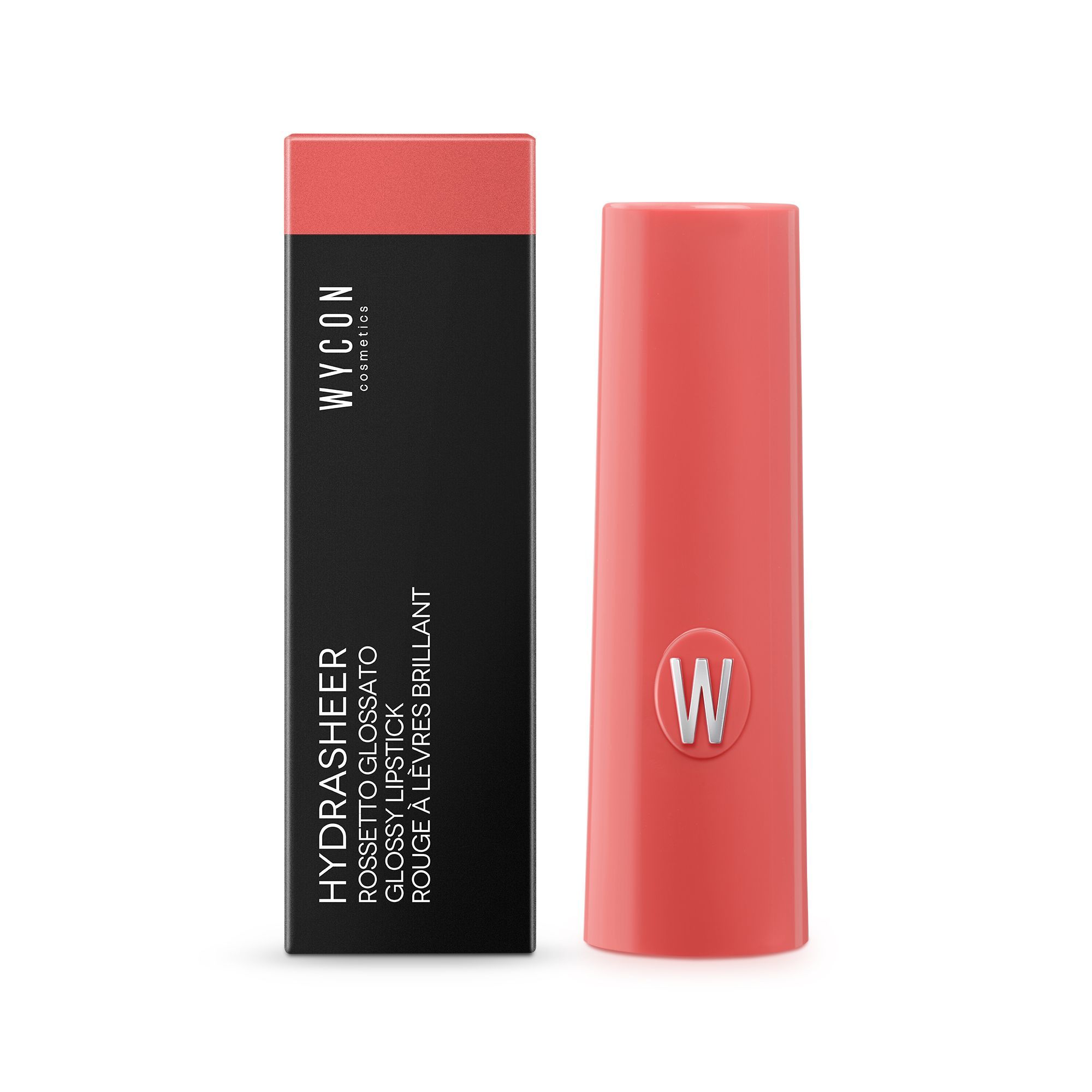 WYCON Cosmetics Hydrasheer Glossy Lipstick in Amber. Schwarze Verpackung und rosafarbener Lippenstift.