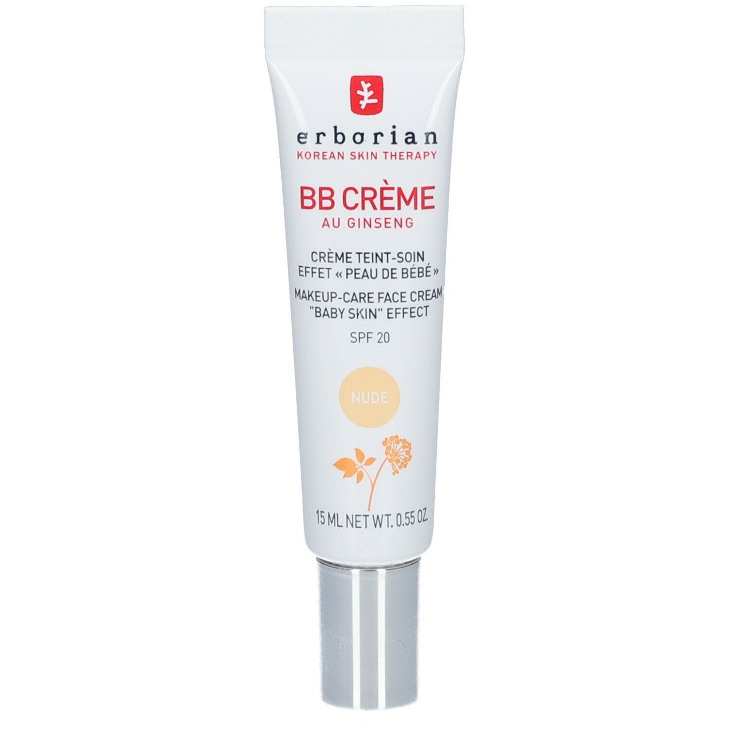 Tube de BB Crème. Inscription: BB Crème au Ginseng, SPF 20, Nude. Marque: Erborian.