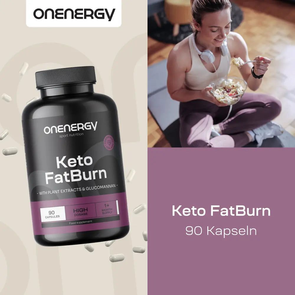 Frau isst Salat, daneben Dose OnEnergy Keto FatBurn. 90 Kapseln.