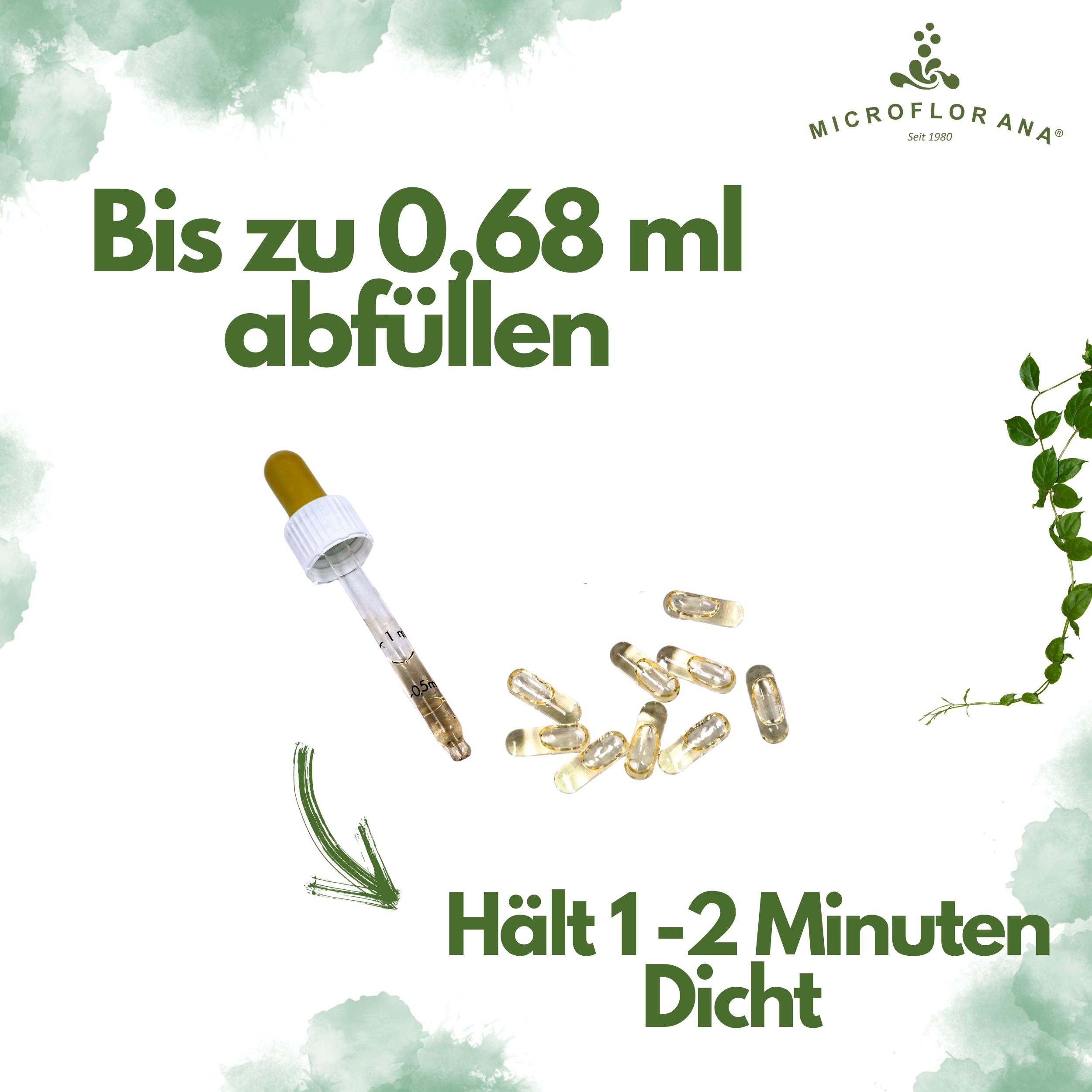 Kapseln und Pipette. Text: Bis zu 0,68 ml abfüllen. Hält 1-2 Minuten dicht.