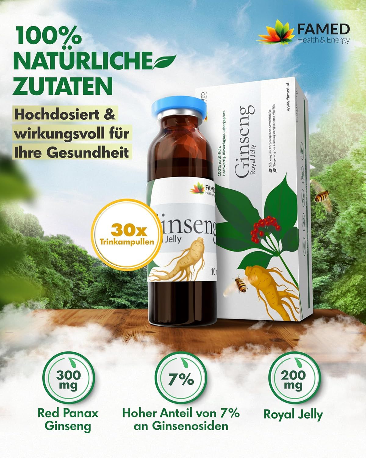 FAMED Ginseng Royal Jelly. Ampulle und Verpackung. Text: 100% natürliche Zutaten. Inhaltsstoffe: 300mg Ginseng, 7% Ginsenoside, 200mg Royal Jelly.