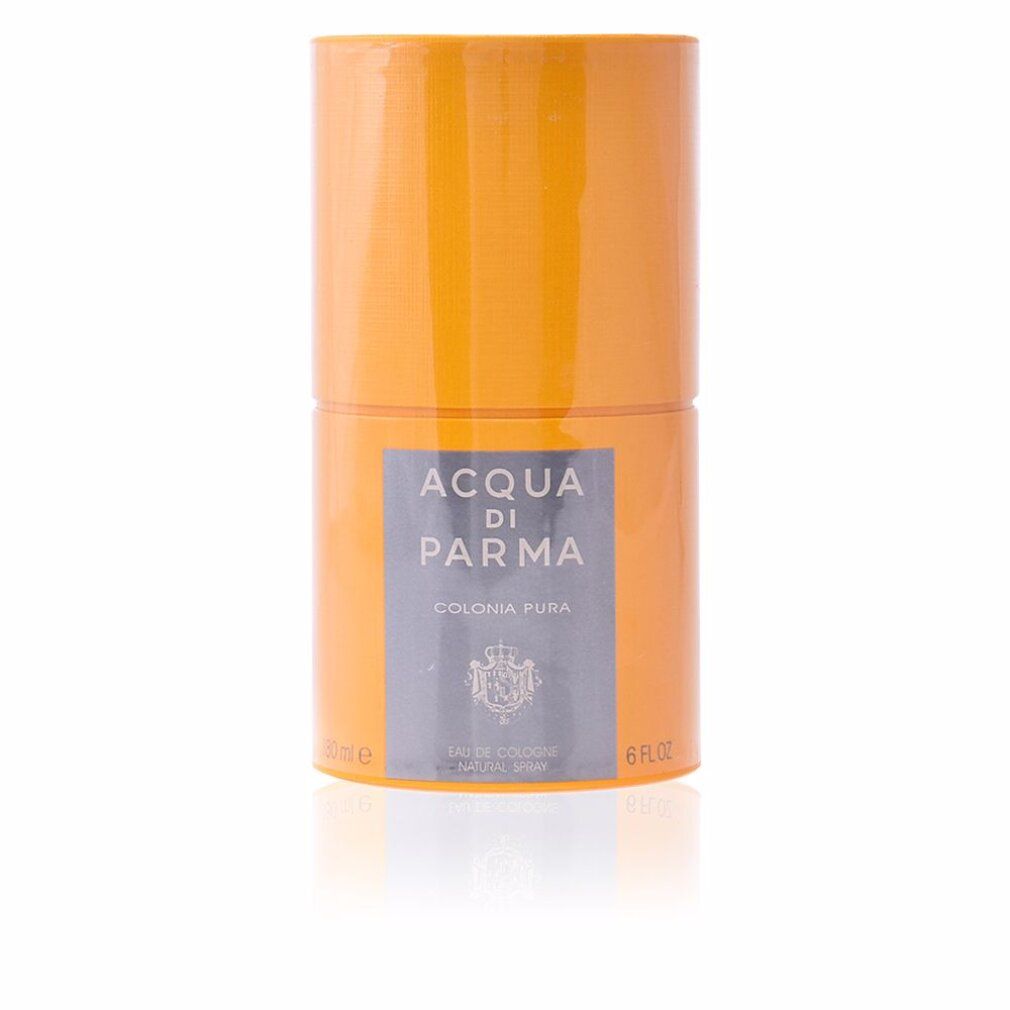 Zylindrische, orangefarbene Verpackung mit Etikett. Auf dem Etikett steht "Acqua di Parma Colonia Pura".