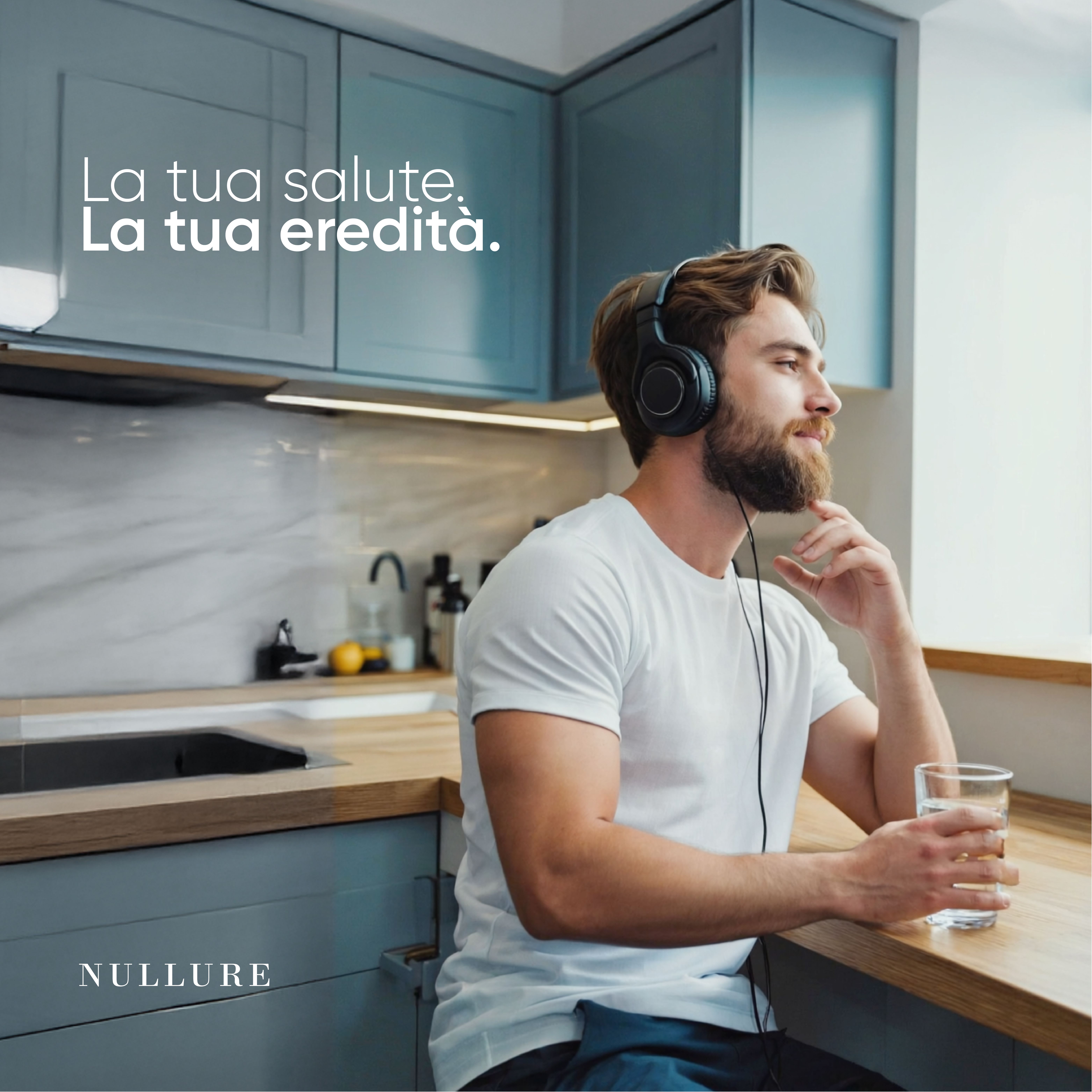 Mann mit Kopfhörern und Glas Wasser. Text: La tua salute. La tua eredità.