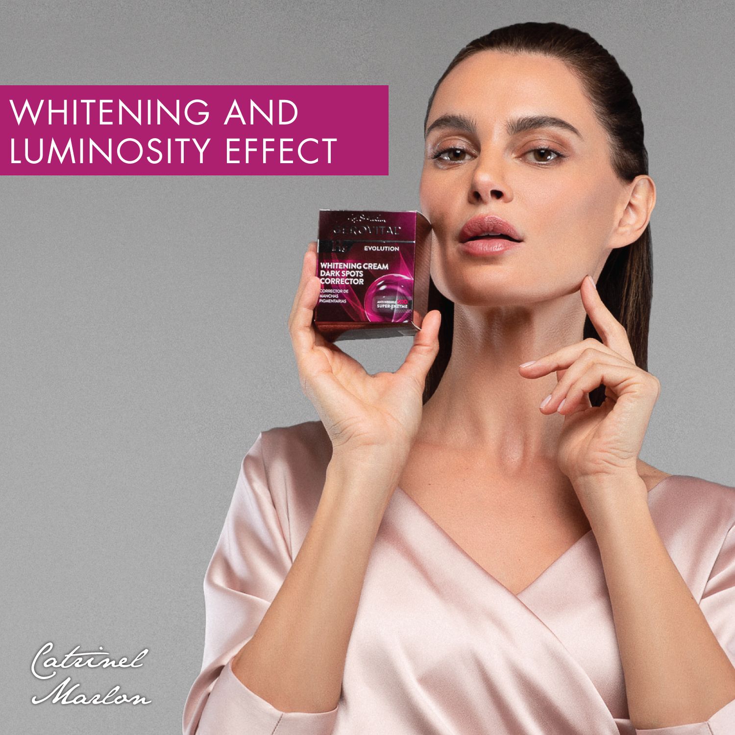 Frau hält eine Schachtel. Aufschrift: Gerovital H3 Evolution, Corrector Pete Pigmentare, Whitening Cream, Dark Spots Corrector.