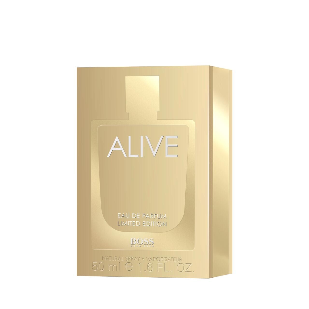 Goldfarbene Verpackung mit Aufschrift "ALIVE". Text: Eau de Parfum Limited Edition. Logo BOSS.
