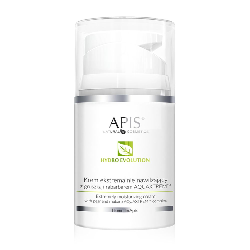 Weißer Spender mit APIS-Logo und „HYDRO EVOLUTION“-Schriftzug. Enthält Creme. Klare Kappe.