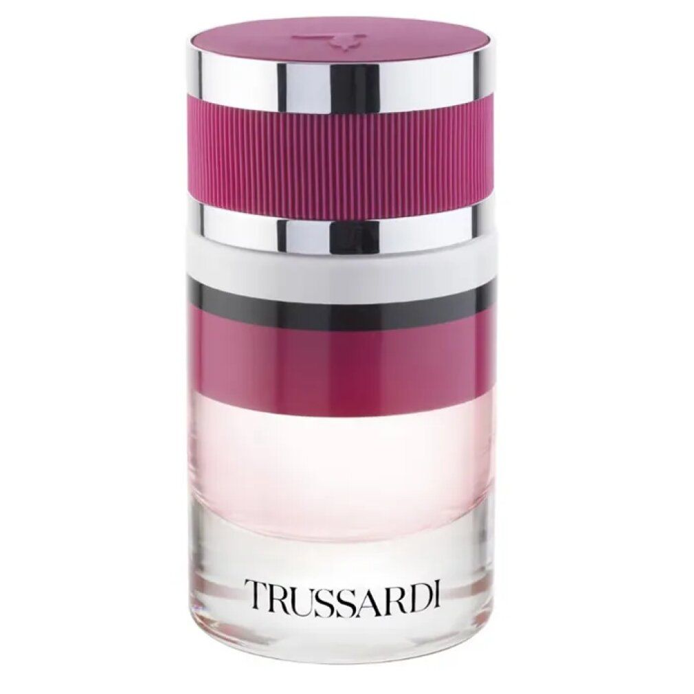 Parfümflakon, zylindrisch, mit rotem Deckel und silbernem Ring. Aufschrift: TRUSSARDI. Flüssigkeit rosa.