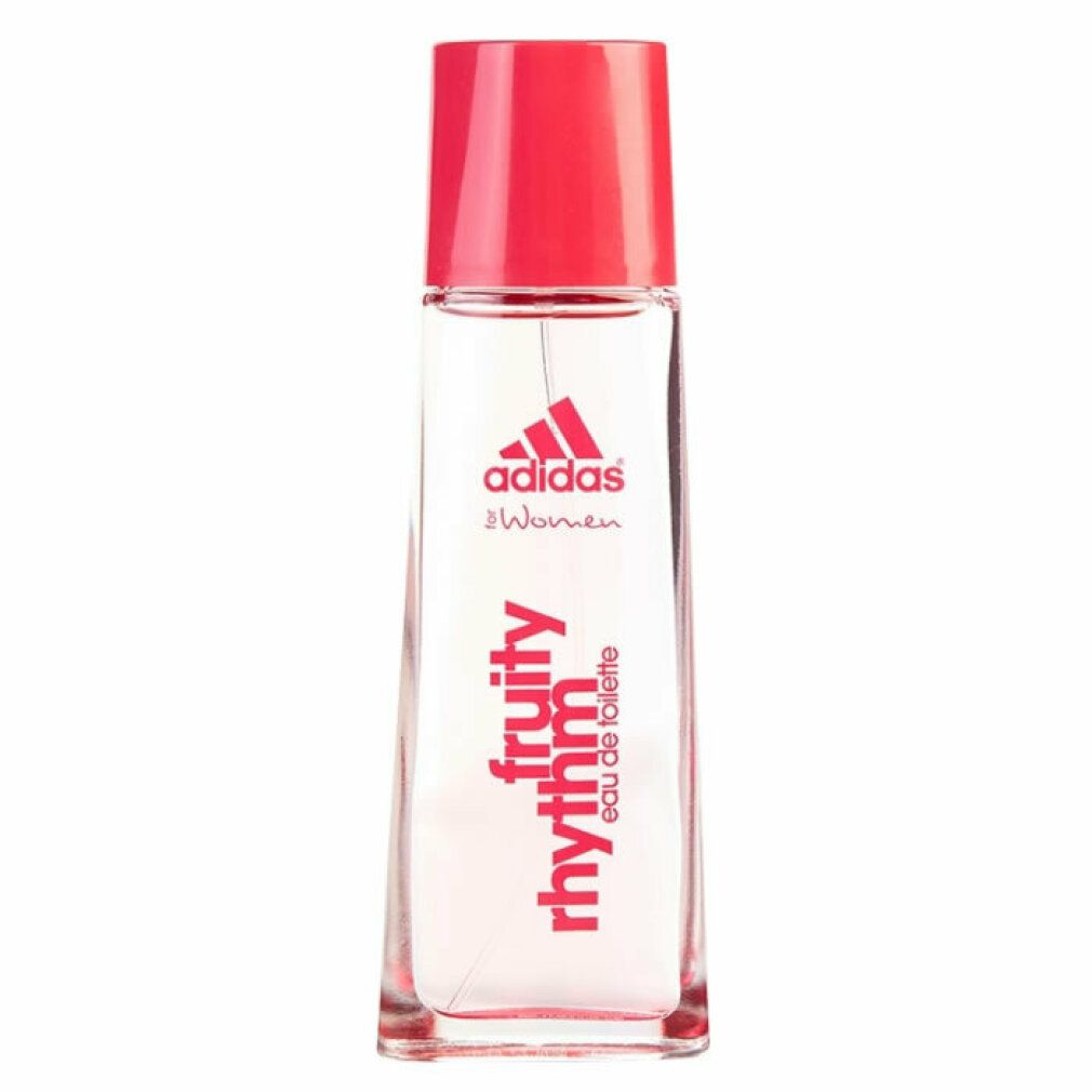 Glasflakon mit rotem Deckel. Aufschrift: Adidas, Fruity Rhythm, eau de toilette.