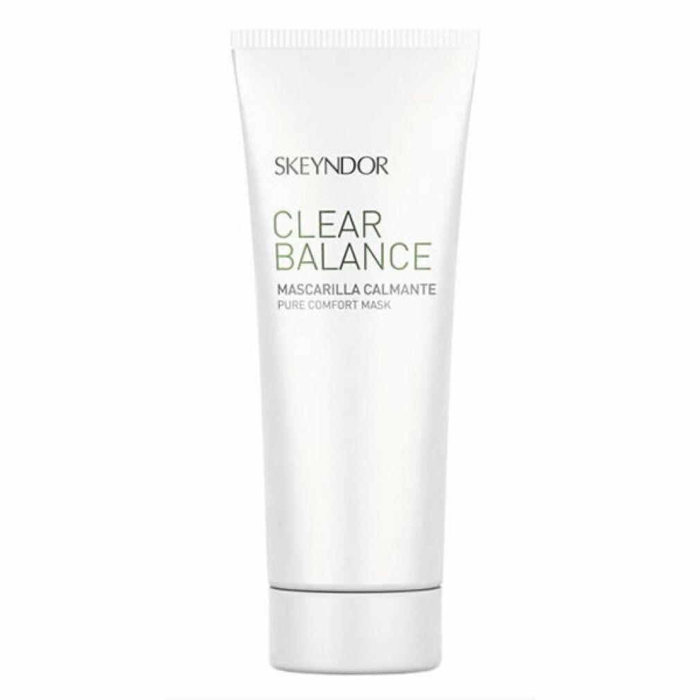 Weiße Tube mit Produkt. Aufschrift: SKEYNDOR, CLEAR BALANCE, Mascarilla Calmante, Pure Comfort Mask.