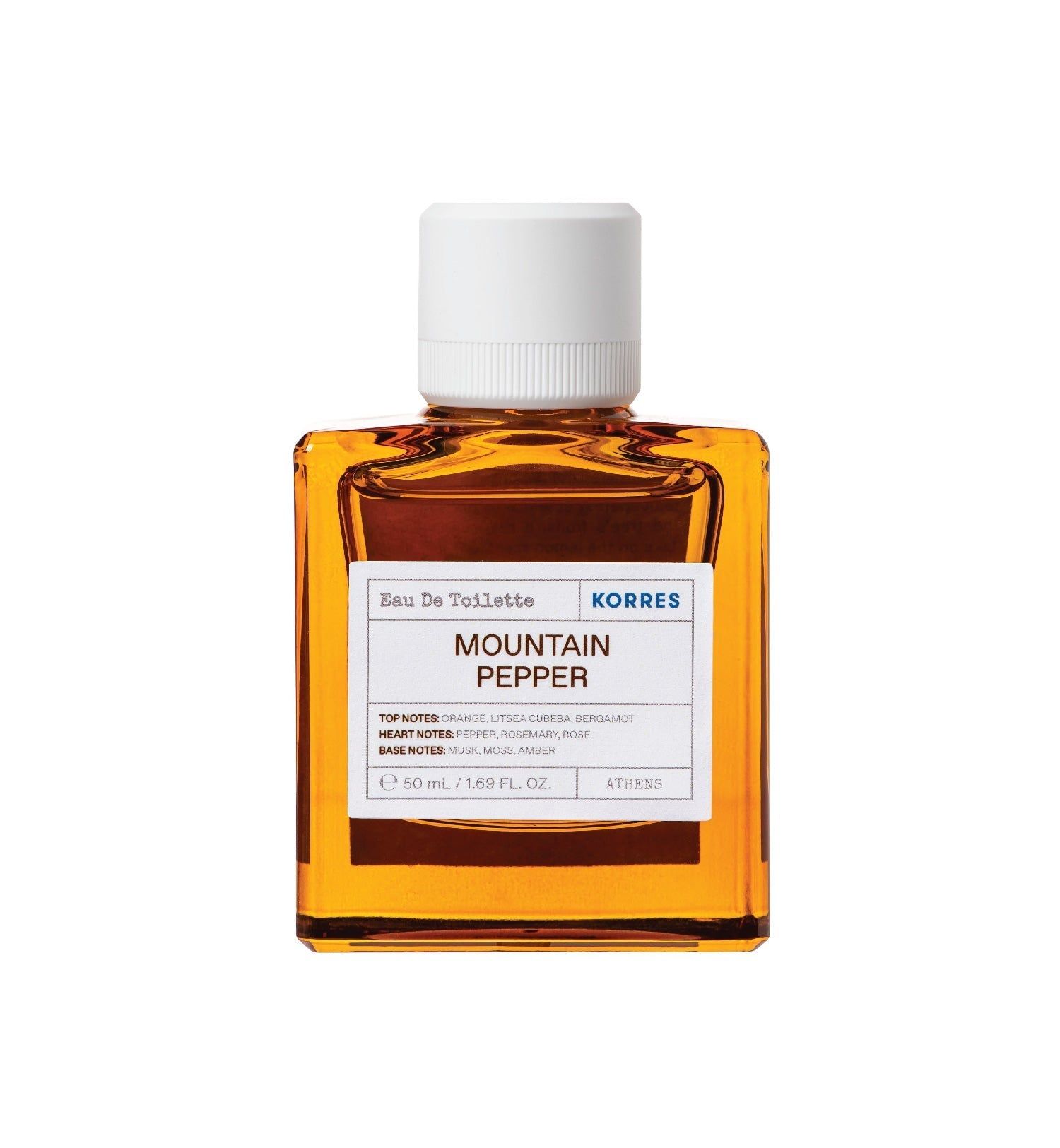 Quadratischer Flakon Eau de Toilette, bernsteinfarben. Aufschrift: Mountain Pepper. Weißer Deckel. Produktinformationen auf weißem Etikett.