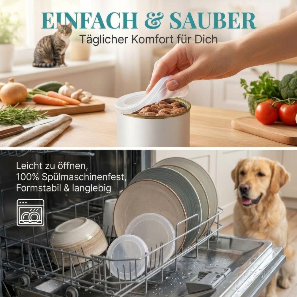 Person öffnet Dose mit Deckel. Aufschrift: EINFACH & SAUBER. Spülmaschinenfest. Formstabil & langlebig. Katze und Hund im Hintergrund.