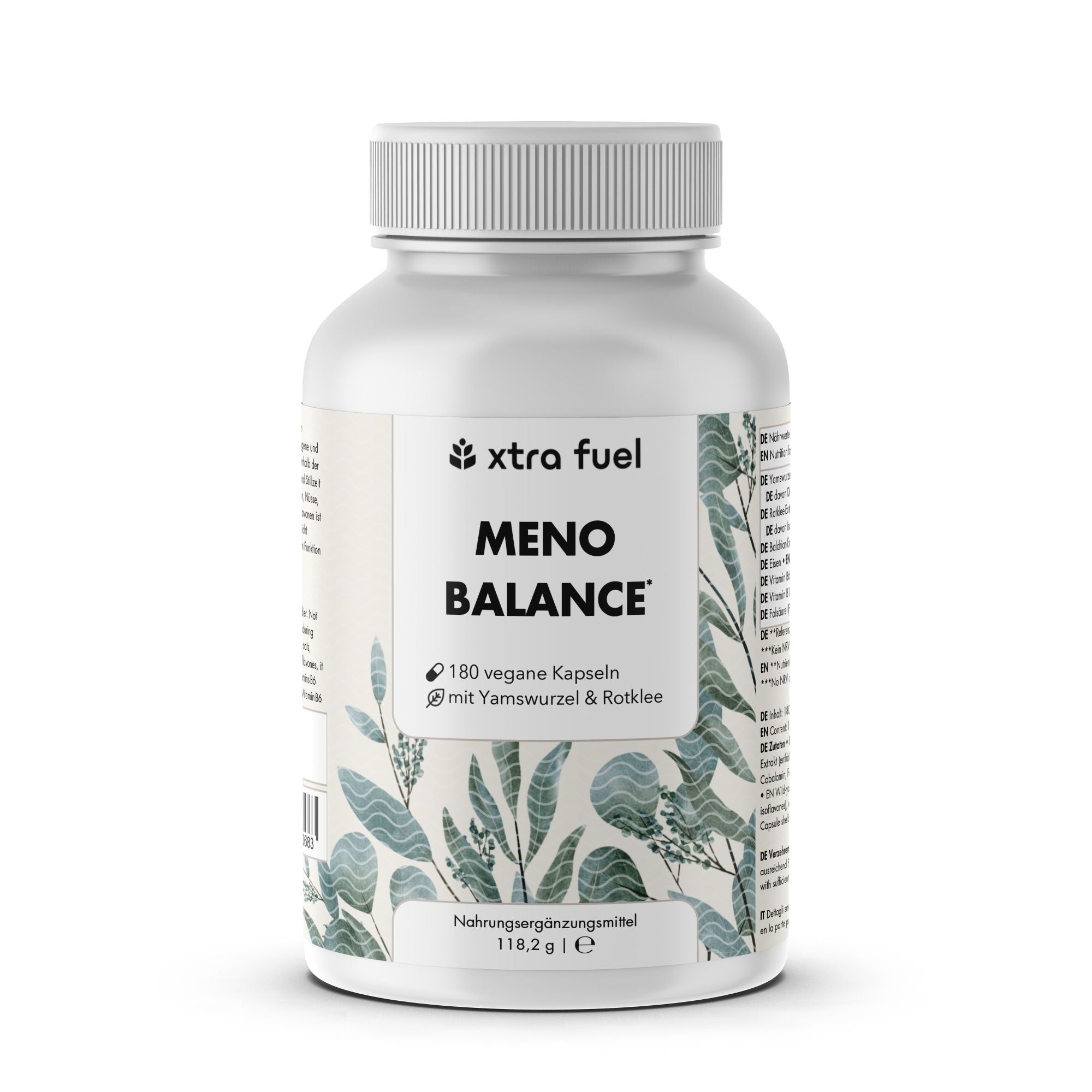 Weiße Flasche mit Kapseln. Aufschrift: Meno Balance, 180 vegane Kapseln. Marke: Xtra Fuel.