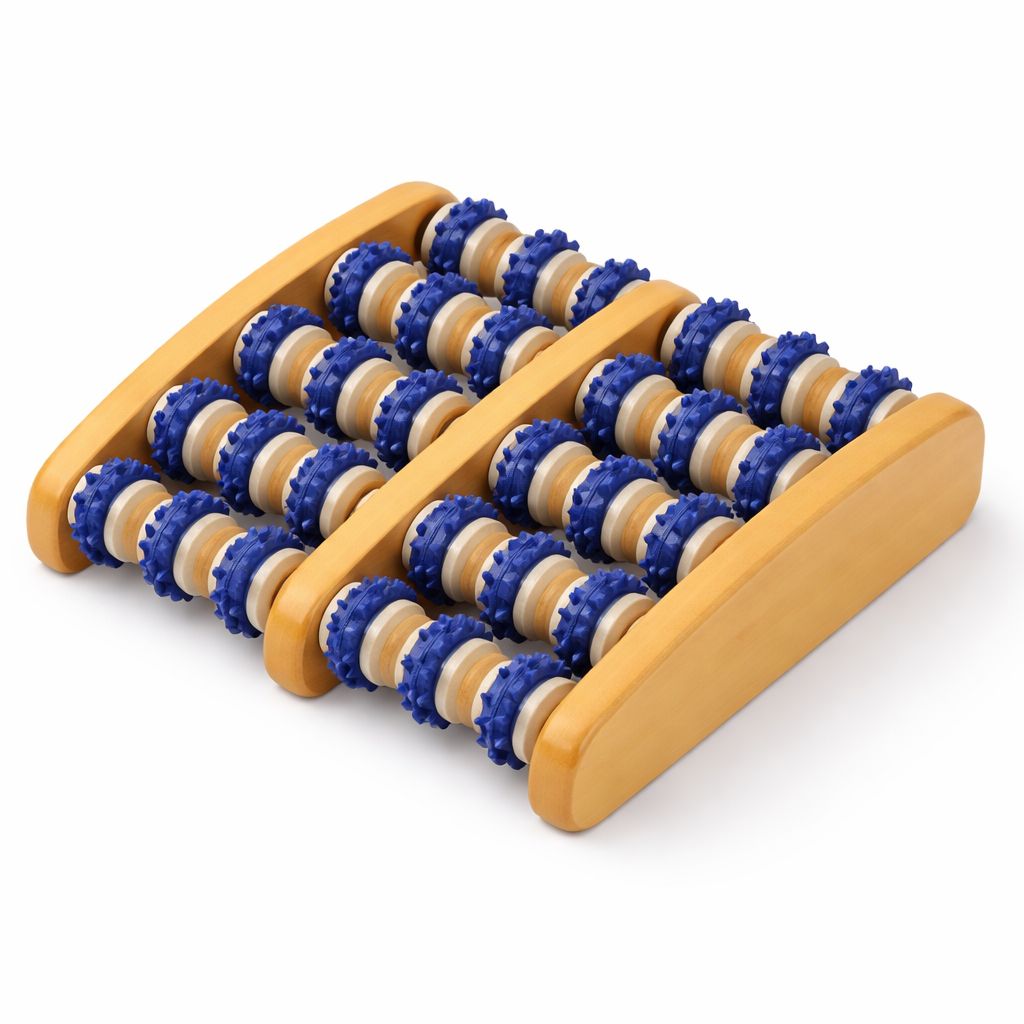 Fußmassageroller mit 10 Achsen. Holzrahmen, blaue Rollen mit Noppen. Draufsicht.
