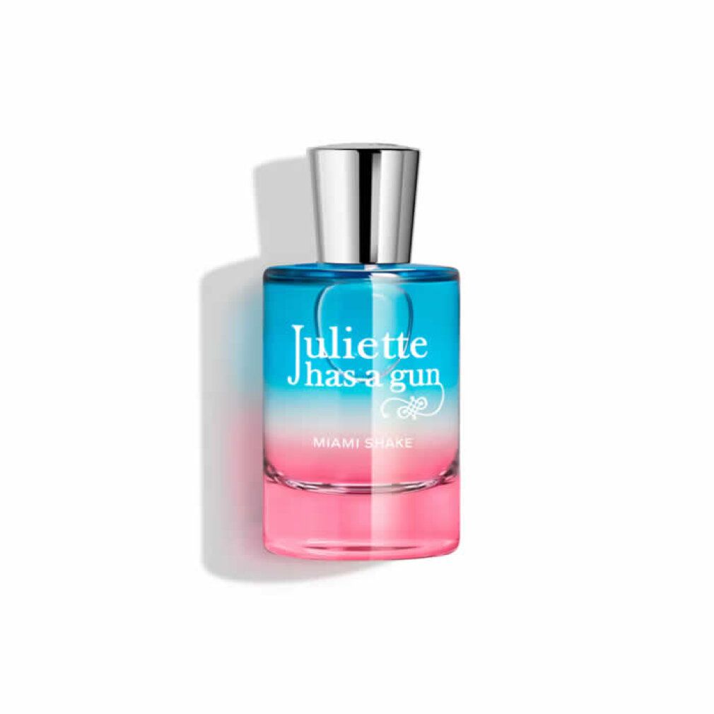 Juliette Has A Gun Miami Shake Eau de Parfum Flakon mit silbernem Verschluss. Farbverlauf von Blau zu Rosa.