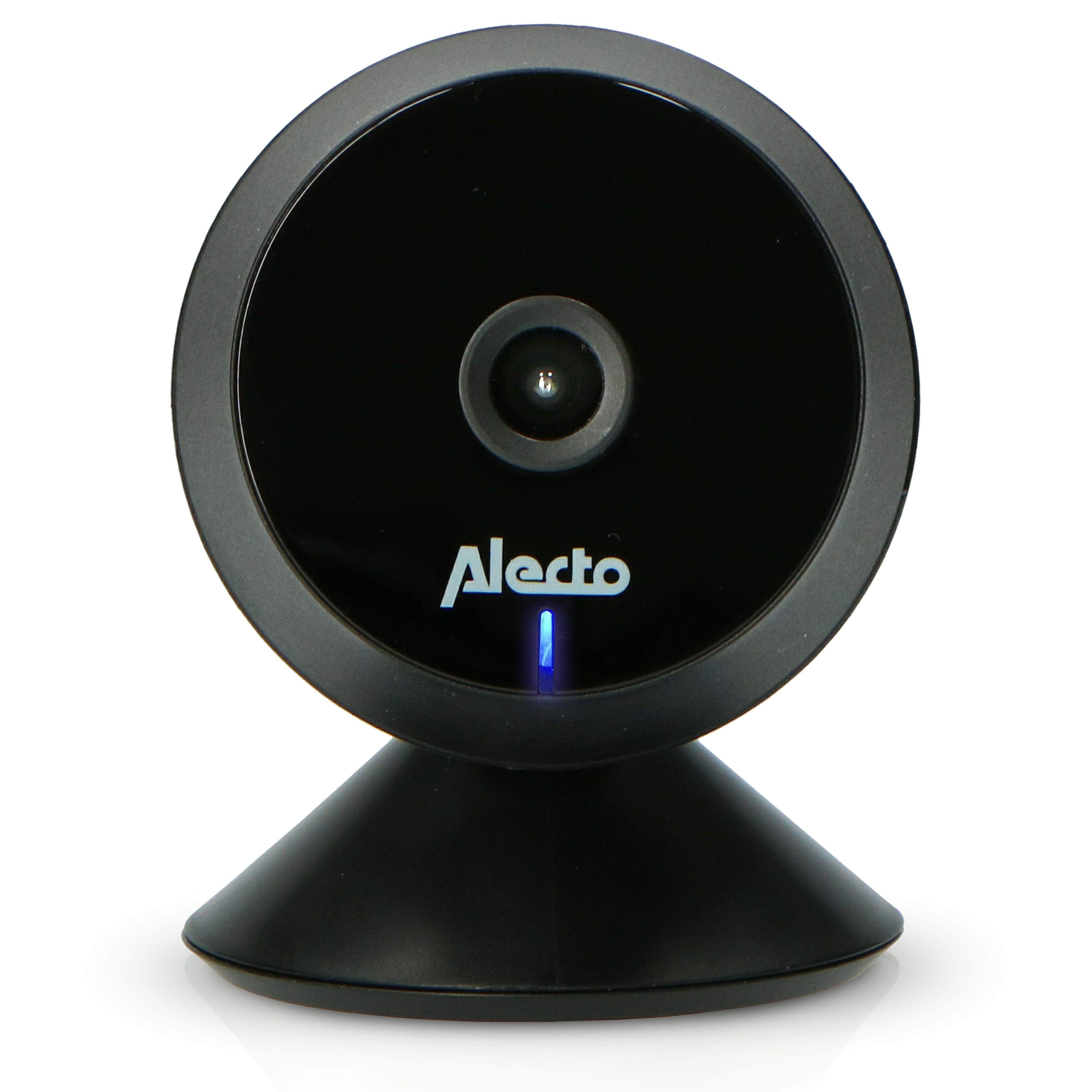 Schwarze Babykamera mit Alecto-Logo und blauer LED. Runde Kamera mit Standfuß. Das Objektiv ist mittig platziert.