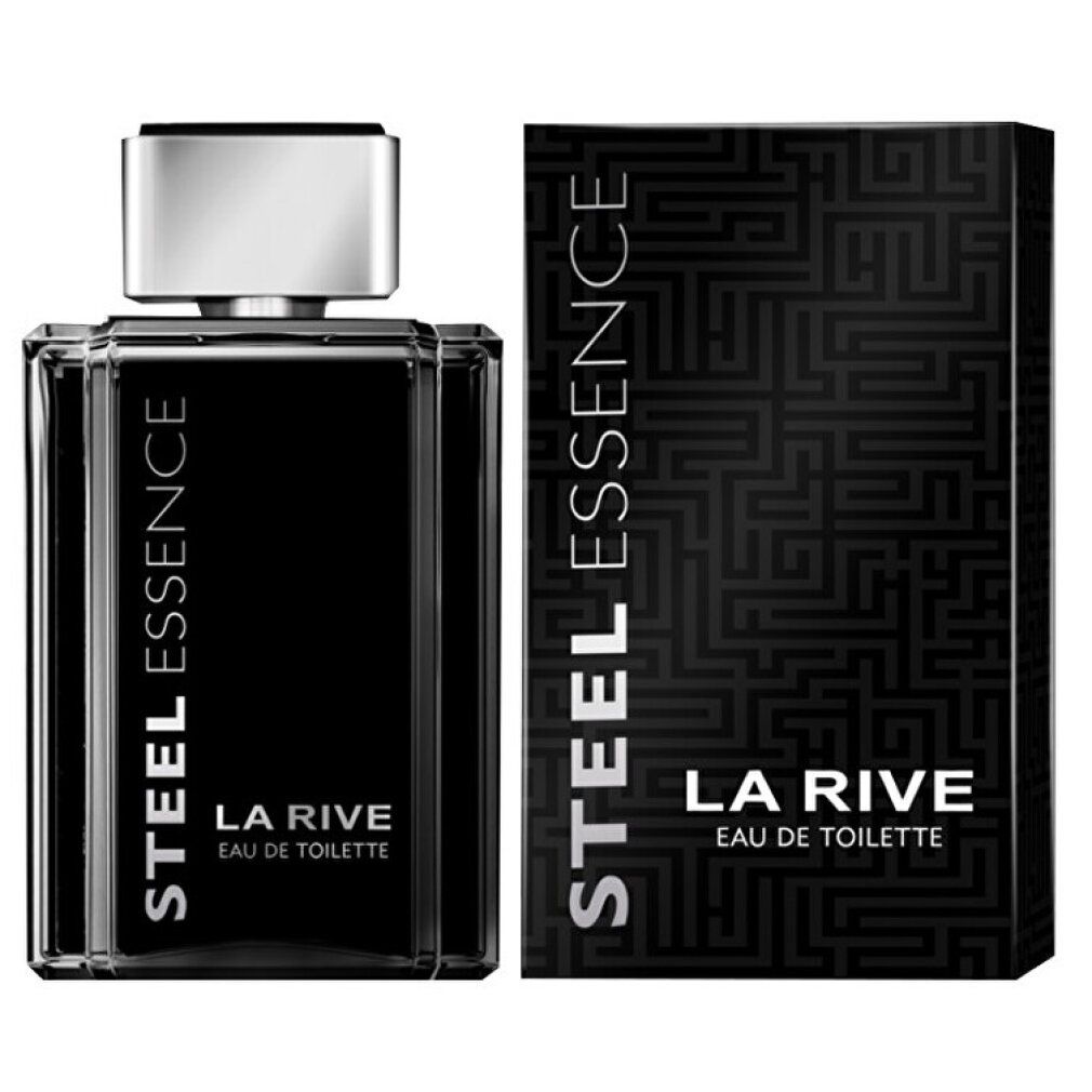 Schwarzer Flakon und Verpackung. Aufschrift "STEEL ESSENCE" und "LA RIVE". Eckiger Flakon mit silbernem Verschluss. Verpackung mit Muster.