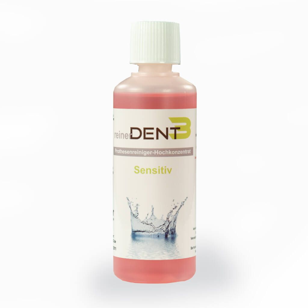 Flasche reinerDENT3 Prothesenreiniger SENSITIV. Rosa Flüssigkeit, weißer Deckel. Etikett mit Schriftzug und Logo.