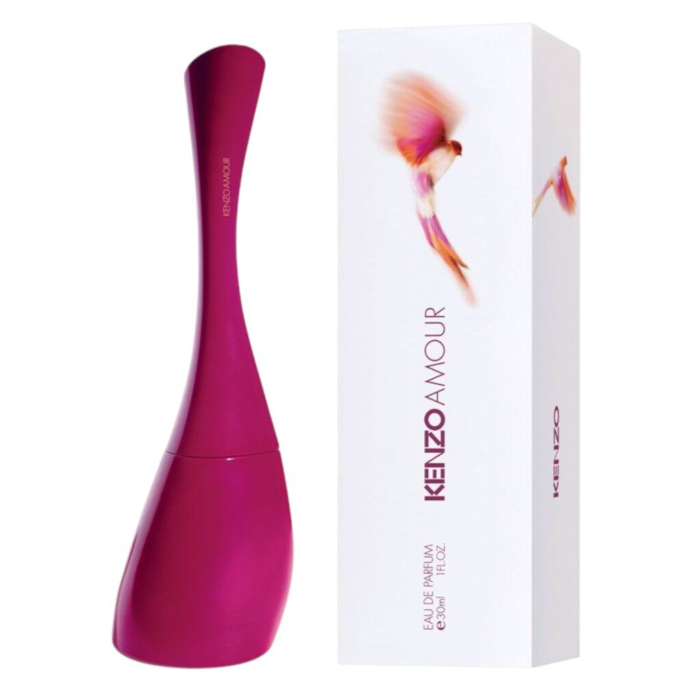 Pinkfarbener Kenzo Amour Flakon und Verpackung. Auf der Verpackung steht Kenzo Amour Eau de Parfum. Abbildung eines Vogels.