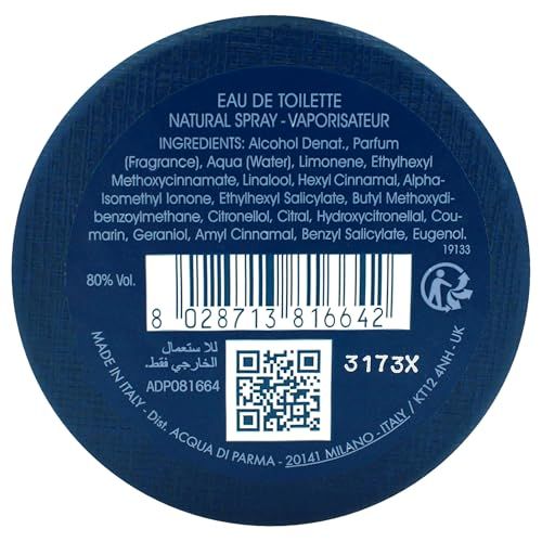 Blauer Deckel mit Text. Enthält Inhaltsstoffe, Barcode, QR-Code und Text: 'Eau de Toilette'.