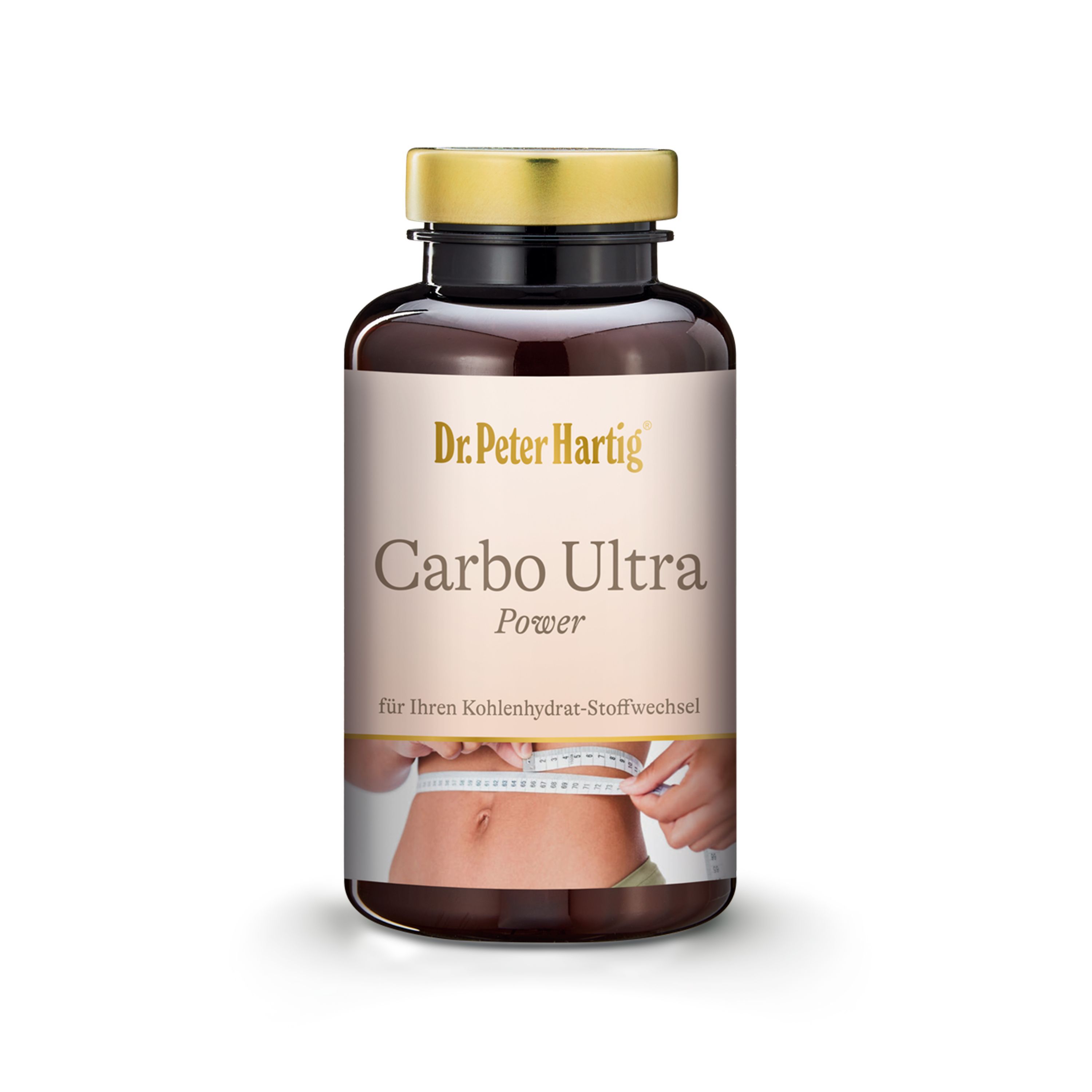 Braune Flasche mit schwarzen Deckel und goldenen Verschluss. Aufschrift: Dr. Peter Hartig Carbo Ultra Power. Bild einer Person, die ihren Bauch misst.