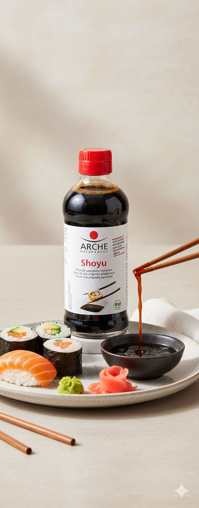 Arche Shoyu Sojasauce Flasche mit Sushi, Wasabi und eingelegtem Ingwer auf einem Teller.