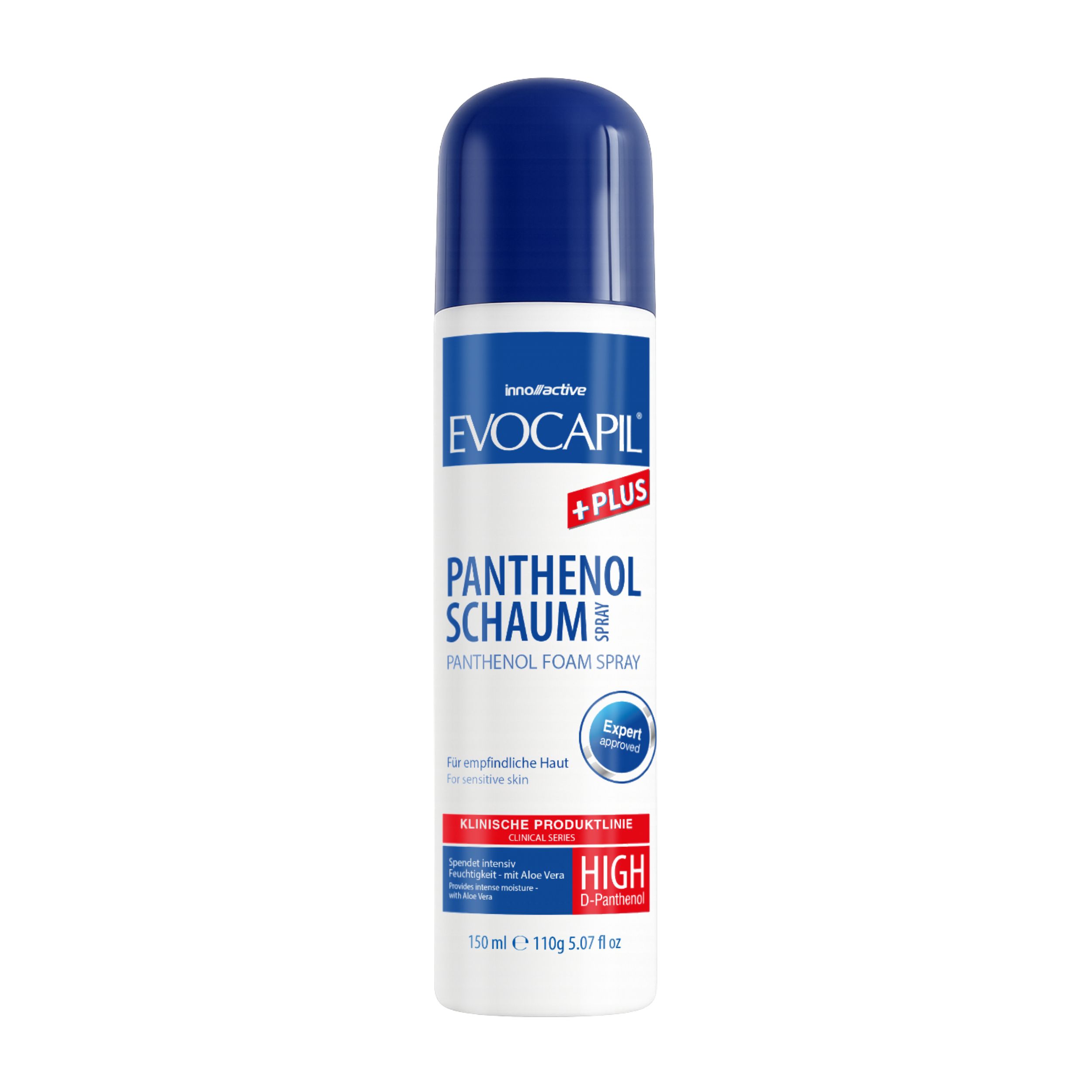 Weiße Sprühflasche mit blauem Deckel. Aufschrift: Evocapil Plus Panthenol Schaum Spray. Für empfindliche Haut.